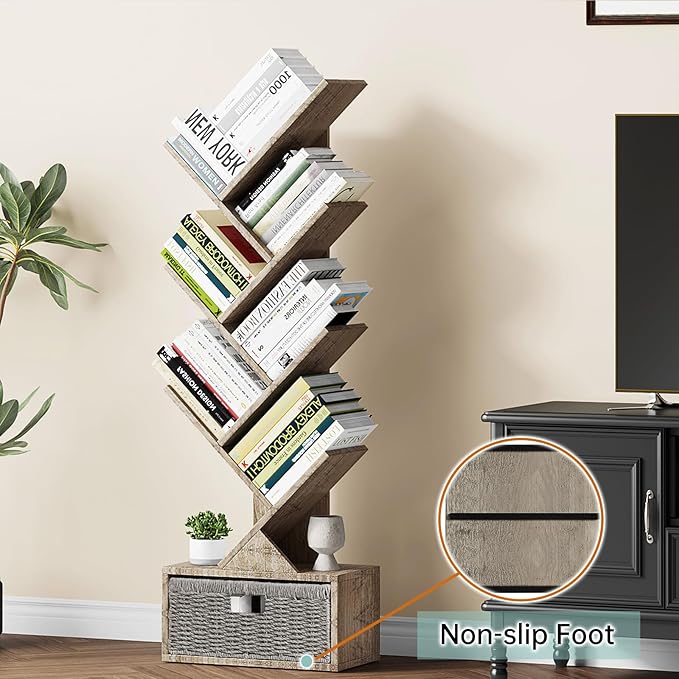 Vagusicc 6 Tier Tree Bookshelf, Modern Floor Standing Bookcase with Storage Drawer, Tall Wood Book Storage Rack for CDs/Books, Utility Book Organizer Shelves for Bedroom/Living Room/Home Office/Corner - LeafyLoom