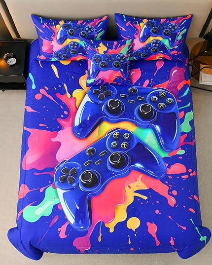 Gamer Comforter Set for Boys Kids, 6 Pcs Bed in a Bag Game Controller Boys Bediing Set Twin Size for All Season - LeafyLoom