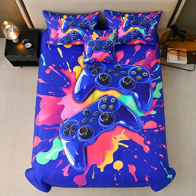 Full Size Gamer Comforter Set for Boys, Game Controller 6 Pcs Bed in a Bag Full Gaming Bediing Set for Boys Kids - LeafyLoom