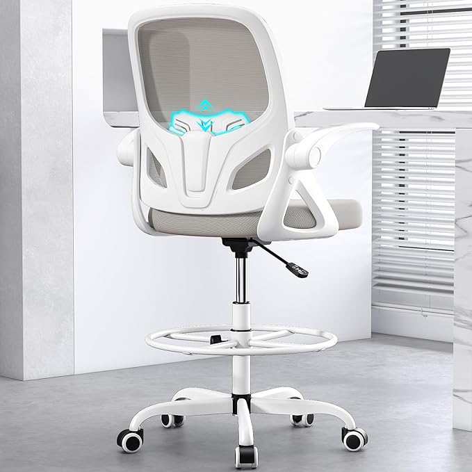 Drafting Chair Tall Office Chair for Standing Desk Adjustable Tall Desk Chair with Footrest Ring and Lumbar Support Ergonomic Computer Chair with Flip-up Armrests (Grey) - LeafyLoom