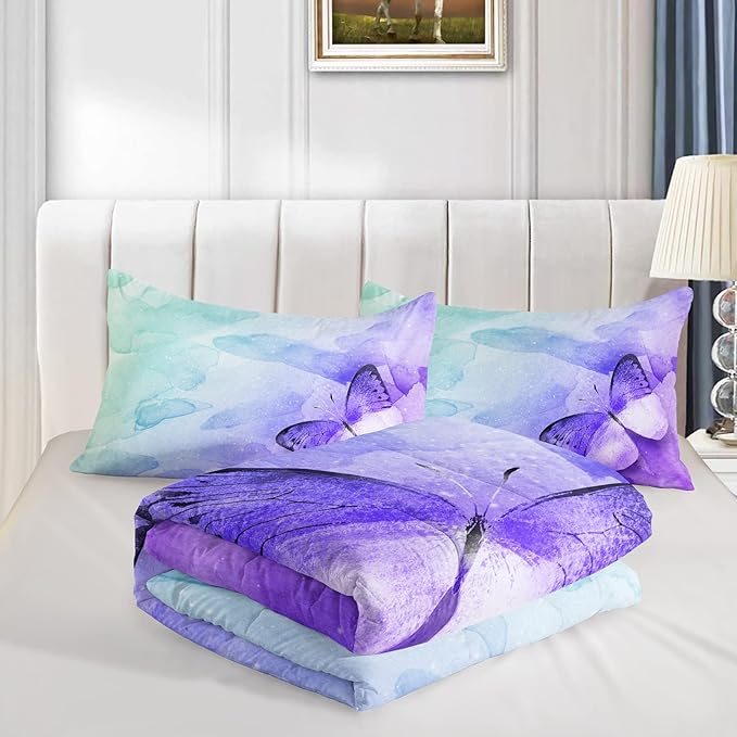 Butterfly Comforter Full Size,Watercolor Butterfly Kids Comforter Set,3Pcs Bedding Set Printed Comforter with 2 Pillowcases,Down Alternative,Soft and Lightweight,for All Seasons - LeafyLoom
