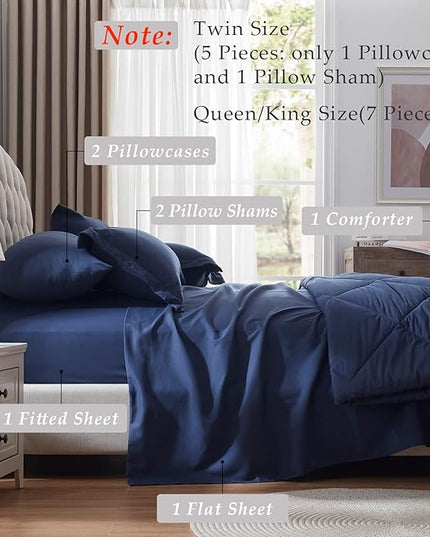 NexHome King Bed in a Bag 7-Pieces Navy Comforter Sets with Comforter and Sheets Soft All Season Bedding Sets with Comforter, Pillow Shams, Flat Sheet, Fitted Sheet and Pillowcases - LeafyLoom