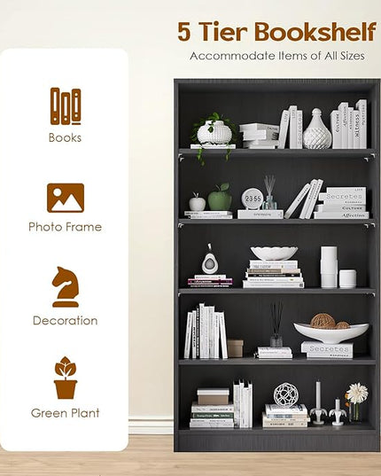 Soohow Grey Bookcase,Bookshelf for Bedroom,60 inches Tall Wood Book case Book Shelves,5 Shelf Book Shelves for Living Room Office - LeafyLoom