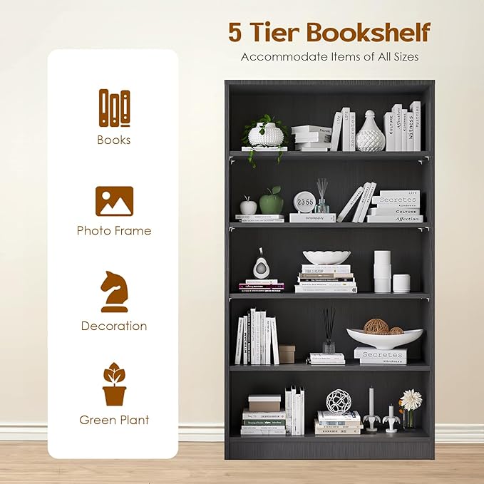 Soohow Grey Bookcase,Bookshelf for Bedroom,60 inches Tall Wood Book case Book Shelves,5 Shelf Book Shelves for Living Room Office - LeafyLoom
