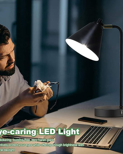 Industrial 3 Way Dimmable Touch Control Desk Lamp with 2 USB Ports & AC Outlet Bedside Nightstand Reading Lamp Flexible Head Farmhouse Black Table Lamp for Office Bedroom Living Room Bulb Included - LeafyLoom