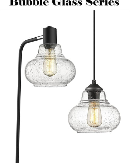 ELYONA Industrial Floor Lamp, Modern Standing Light with Handblown Seeded Bubble Glass Shade, Tall Pole Farmhouse Corner Light for Living Room Bedroom Office, Edison 6W Bulb Included, Black - LeafyLoom