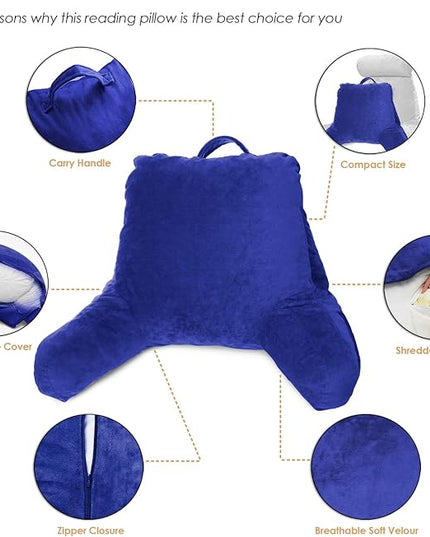 Clara Clark Reading Pillow, Standard Back Pillow for Sitting Up in Bed, Memory Foam Back Support Pillow, Reading Pillows for Sitting in Bed, Royal Blue Sit Up Pillow for Bed, Arm Pillow with Pockets - LeafyLoom