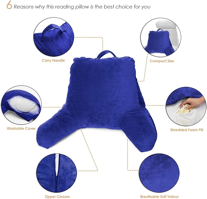 Clara Clark Reading Pillow, Standard Back Pillow for Sitting Up in Bed, Memory Foam Back Support Pillow, Reading Pillows for Sitting in Bed, Royal Blue Sit Up Pillow for Bed, Arm Pillow with Pockets - LeafyLoom