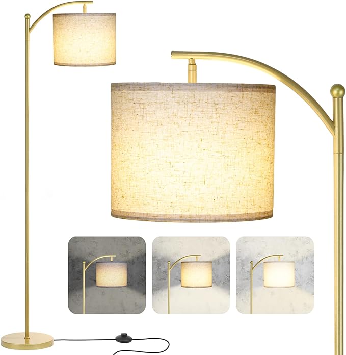 Floor Lamp for Living Room, Dimmable Standing Lamp Tall with Linen Shade Modern Floor Lamps Foot-step Switch Reading Lamp for Living Room Bedroom Office Dining Room, 9W Bulb Included (Gold) - LeafyLoom