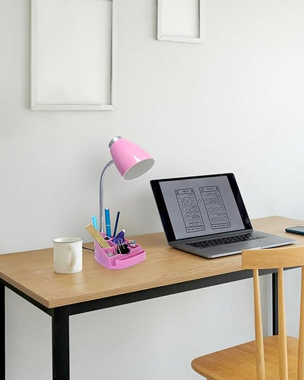 Simple Designs LD1067-PNK Compartmental Desk Lamp with iPhone/iPad/Tablet Stand, Bendable Gooseneck, for Office, Living Room, Nightstand, Library, Entryway, Pink - LeafyLoom