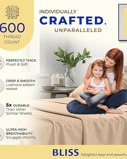 THREAD SPREAD 100% Egyptian Cotton Sheets Full Size - 600 Thread Count Sheets 4 PC 16" Deep Pocket Full Size Sheets Set, High Thread Count Soft Cooling Sateen Weave Hotel Luxury Sheets Set - Taupe - LeafyLoom