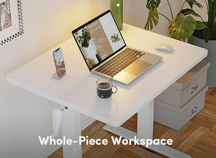 FEZIBO 32" Whole Piece Crank Height Adjustable Desk, 32 Inches Manual Standing Desk, Writing Table with Handle, Home Office Desk with White Frame/White Table Top - LeafyLoom