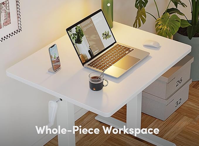 FEZIBO 32" Whole Piece Crank Height Adjustable Desk, 32 Inches Manual Standing Desk, Writing Table with Handle, Home Office Desk with White Frame/White Table Top - LeafyLoom