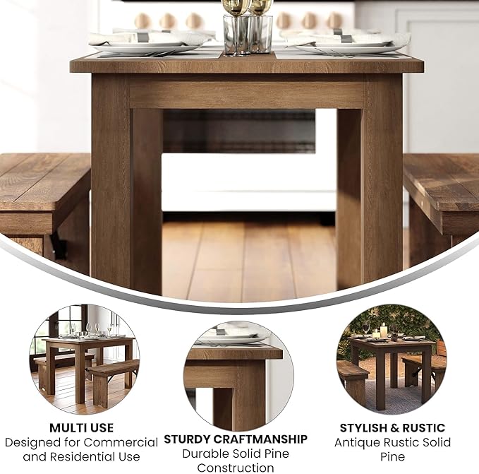 Flash Furniture HERCULES 46" x 30" Rectangular Antique Rustic Solid Pine Farm Dining Table - LeafyLoom