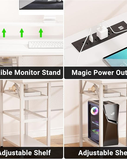 L Shaped Desk, 55 Inch Reversible Computer Desk with Magic Power Outlet and Cool LED Light, Sturdy Corner Office Desk with Ergonomic Monitor Stand, Gaming Table, Attractive Grid Design, White - LeafyLoom