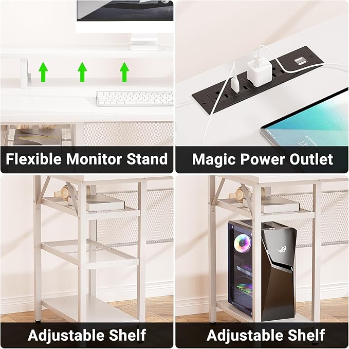 L Shaped Desk, 55 Inch Reversible Computer Desk with Magic Power Outlet and Cool LED Light, Sturdy Corner Office Desk with Ergonomic Monitor Stand, Gaming Table, Attractive Grid Design, White - LeafyLoom