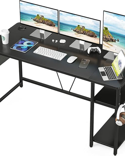 Computer Desk, 55” Home Office Desks, Modern Small Desk for Bedroom, Gaming Desk with Iron Hook and Height Adjustable Feet, Sturdy Student Writing Desk with Storage Bag, Storage Shelves - LeafyLoom
