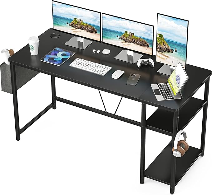 Computer Desk, 55” Home Office Desks, Modern Small Desk for Bedroom, Gaming Desk with Iron Hook and Height Adjustable Feet, Sturdy Student Writing Desk with Storage Bag, Storage Shelves - LeafyLoom