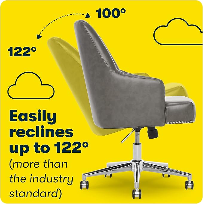 Serta Leighton Modern Office Chair, Stylish Mid-Back Desk Chair, Rivet Detail, Serta Quality Memory Foam, Armchair with Wheels, Vanity Chair, Swivel Chrome Metal Base, Bonded Leather, Gray - LeafyLoom