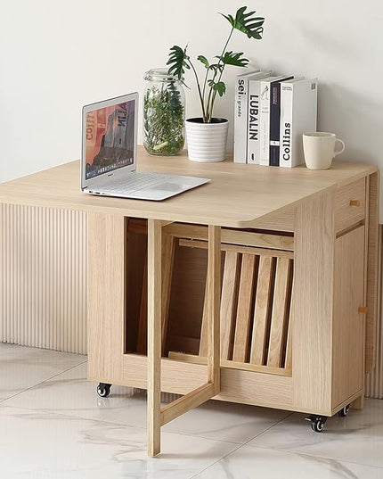 Extendable Drop Leaf Folding Dining Table with 2 Drawers and 4 Wheels for Living Room Kitchen Farmhouse Space Saving Table in Wood Color - LeafyLoom