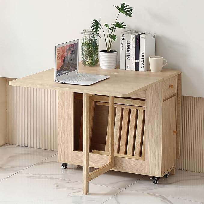 Extendable Drop Leaf Folding Dining Table with 2 Drawers and 4 Wheels for Living Room Kitchen Farmhouse Space Saving Table in Wood Color - LeafyLoom