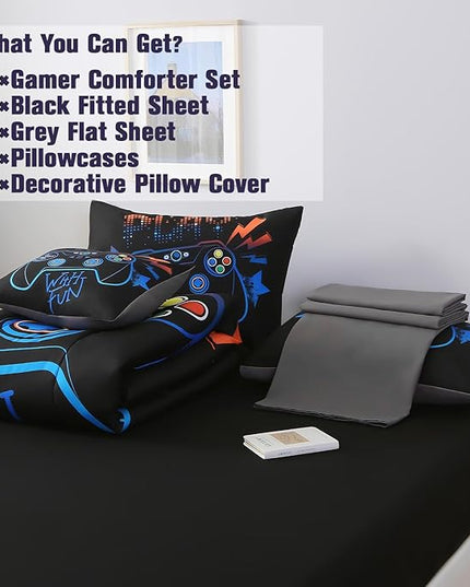 6Pcs Game Console Comforter Set with Sheets for Boys Girls Kids Teens, Geometric Gaming Themed Bed in A Bag Full Size, 3D Video Gamer Controller Bedroom Decor Bedding Set(Blue) - LeafyLoom