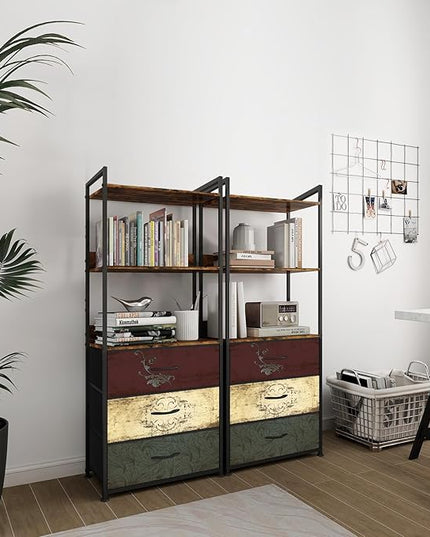 Vertical Bookshelf with 3 Drawers, Narrow Bookcase with Shelves, Wood Storage Organizer Cabinet, Metal Frame Display Standing Shelf Unit for Bedroom, Kitchen, Office - LeafyLoom