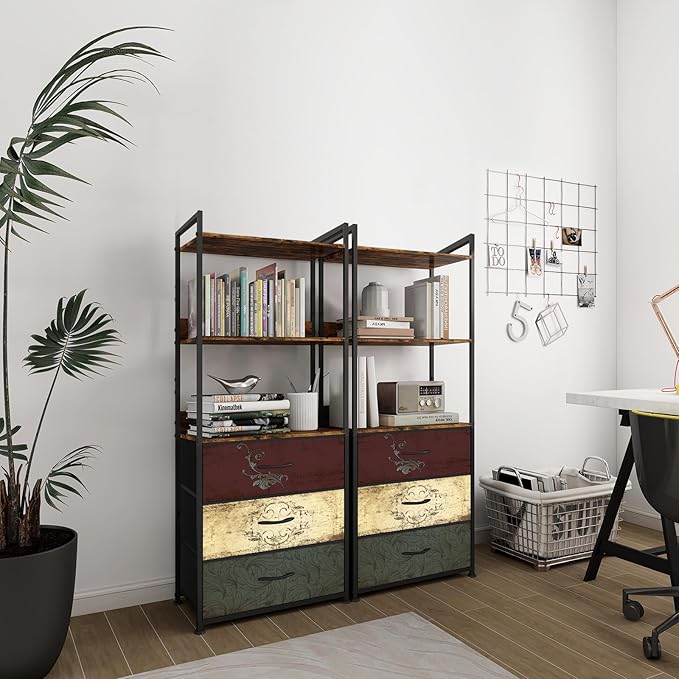 Vertical Bookshelf with 3 Drawers, Narrow Bookcase with Shelves, Wood Storage Organizer Cabinet, Metal Frame Display Standing Shelf Unit for Bedroom, Kitchen, Office - LeafyLoom
