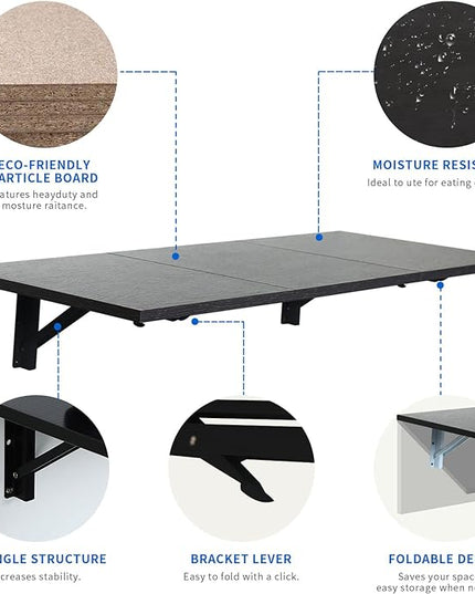 Folding Wall Desk, Wall Desk Fold Down Wall Mounted Desk for Small Space, Floating Desk, Black, 35.4 x 15.8 inch - LeafyLoom