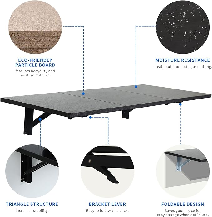 Folding Wall Desk, Wall Desk Fold Down Wall Mounted Desk for Small Space, Floating Desk, Black, 35.4 x 15.8 inch - LeafyLoom
