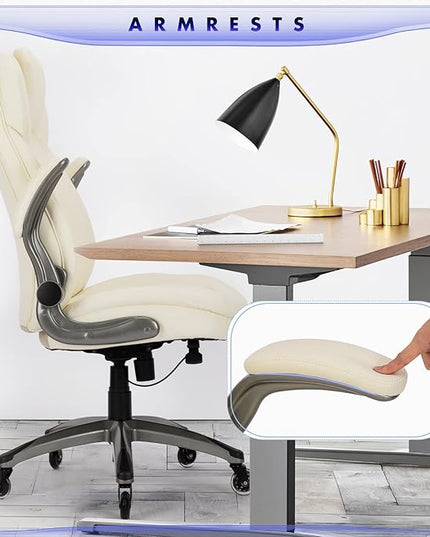 Executive Office Chair-Ergonomic Computer Desk Chair with Upgraded Caster for Swivel, High Back Office Chair with Padded Flip-up Arms, Stylish Leather Chair Thicken Seat for Comfort (Ivory, 300lbs) - LeafyLoom