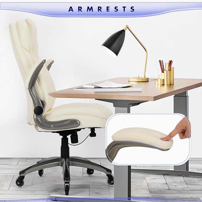 Executive Office Chair-Ergonomic Computer Desk Chair with Upgraded Caster for Swivel, High Back Office Chair with Padded Flip-up Arms, Stylish Leather Chair Thicken Seat for Comfort (Ivory, 300lbs) - LeafyLoom