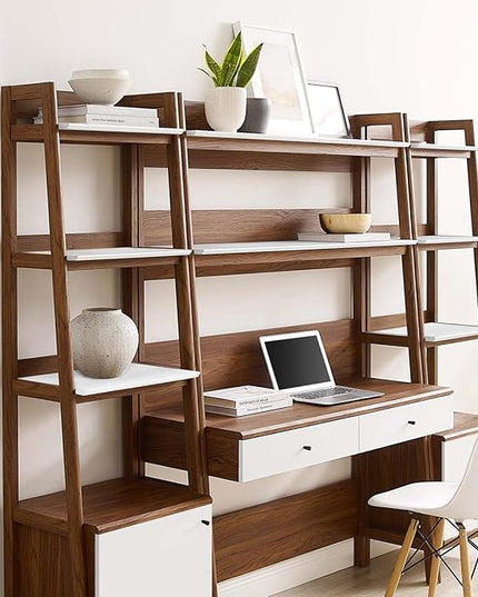Modway Bixby 3-Piece Home Office Desk and Bookshelf Display Case in Walnut White - LeafyLoom