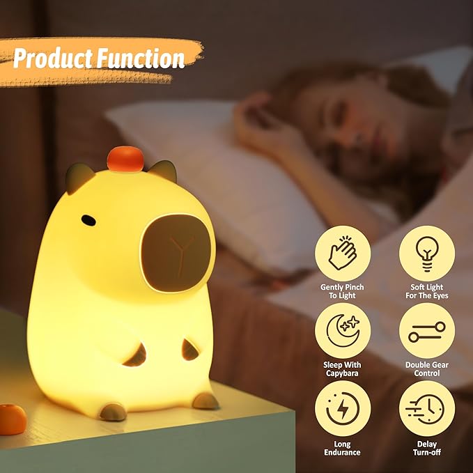 FULLOSUN Capybara Night Light, Capybara Gifts, Funny Capybara Birthday Gifts for Children Women Teenage Girls Boy Toddler - ABS+SIL Portable Squishy Rechargeable Dimmable - LeafyLoom