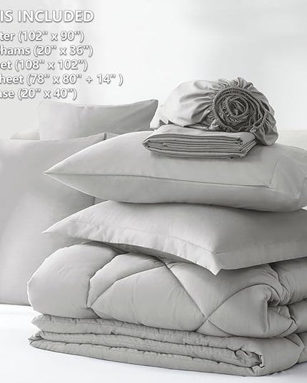 CozyLux King Bed in a Bag 7-Pieces Comforter Sets with Comforter and Sheets Light Grey All Season Bedding Sets with Comforter, Pillow Shams, Flat Sheet, Fitted Sheet and Pillowcases - LeafyLoom