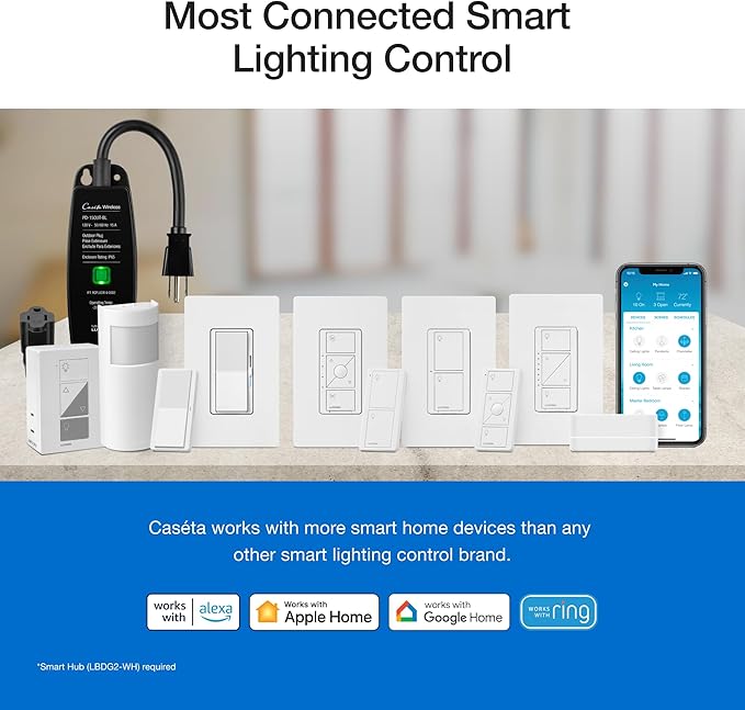 Lutron Caseta Original Smart Dimmer Switch Kit, 2 Dimmer Switches, 2 Wall Plates, 2 Remotes, 2 Pedestals, and Smart Hub, Works with Alexa, Apple Home, Google Home, 3Way, 150W, No Neutral, P-BDG-PKG2W Lutron