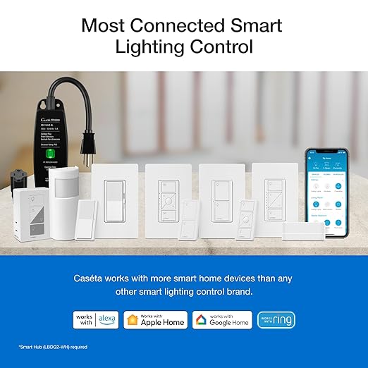 Lutron Caseta Original Smart Dimmer Switch Kit, 2 Dimmer Switches, 2 Wall Plates, 2 Pico Remotes, and Smart Hub, Works with Alexa, Apple Home, Google Home, 3 Way, 150W, No Neutral, P-BDG-PKG2W-A Lutron