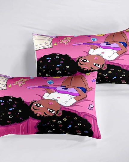 Black African American Girls Full Size Comforter Sets - Black Girl Full Size Bedding Sets for Girls Pink Princess Bedroom Sets Room Decor Full Size Comforter Set, 1 Comforter+2 Pillowcases - LeafyLoom