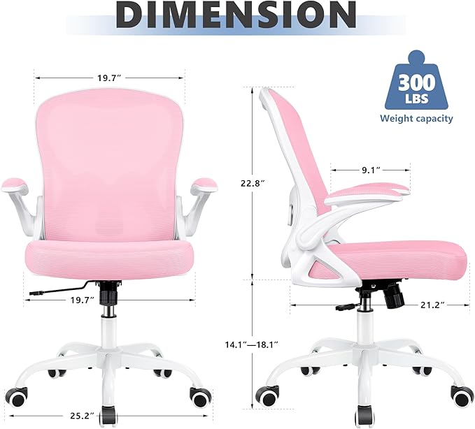 Office Chair Desk Chair, Ergonomic Mesh Computer Chair Home Office Desk Chairs, Swivel Task Chair Mid Back Breathable Rolling Chair with Adjustable Lumbar Support Flip Up Armrest (Pink) - LeafyLoom