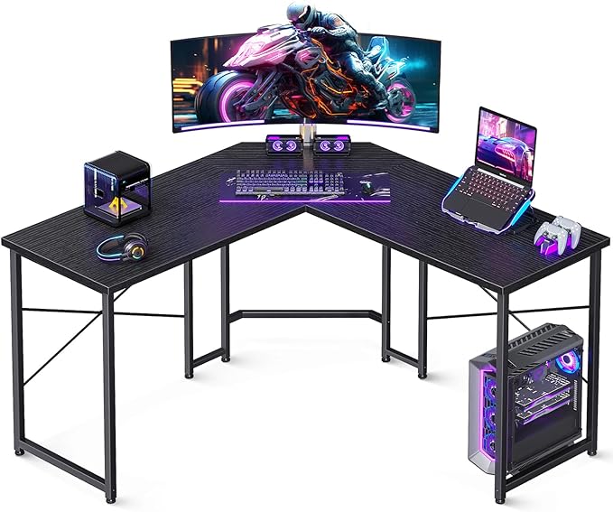 Casaottima 47 inch L Shaped Gaming Desk with Monitor Stand, Corner Desk Gaming Table for Home Office, Computer Desk Sturdy Writing Workstation for Small Space, Black - LeafyLoom
