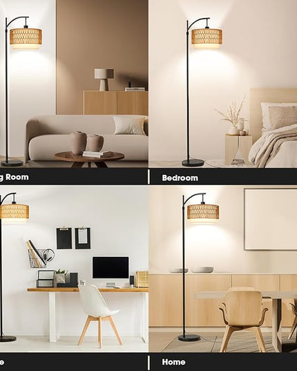 Arc Floor Lamp with 10 Color Temperatures, 10 Brightness, Remote & App Control, Boho Tall Standing Lamps with Smart Bulb, Rattan & Fabric Double Drum Shade for Living Room, Bedroom, Home Office - LeafyLoom