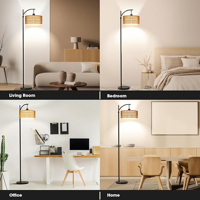 Arc Floor Lamp with 10 Color Temperatures, 10 Brightness, Remote & App Control, Boho Tall Standing Lamps with Smart Bulb, Rattan & Fabric Double Drum Shade for Living Room, Bedroom, Home Office - LeafyLoom