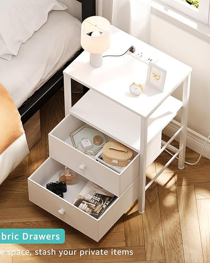 White Night Stand with Charging Station and USB Ports, Small Nightstand with Drawers and Shelf Storage End Table for Bedroom, Dorm, Modern Bedside Table - LeafyLoom