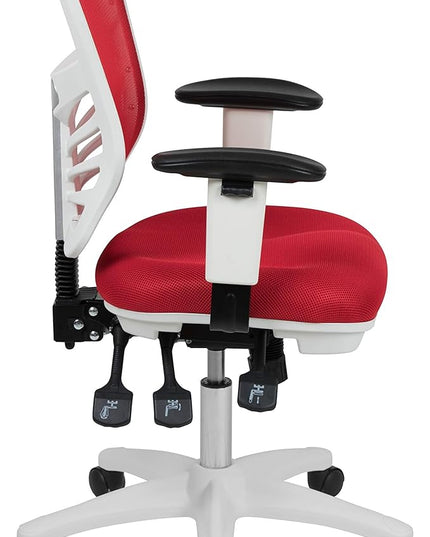 Flash Furniture Nicholas Mid-Back Red Mesh Multifunction Executive Swivel Ergonomic Office Chair with Adjustable Arms and White Frame - LeafyLoom