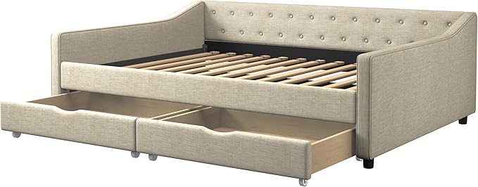 Full Size Upholstered Daybed with 2 Drawers,Wood Sofa Bed Frame W/Button Tufted Backrest and Waved Shape Arms,Slats Support,Linen Fabric Day Bed,for Bedroom,Living Room,Apartment,Beige - LeafyLoom