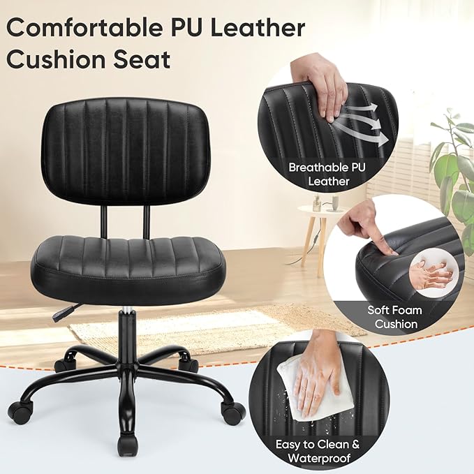 DUMOS Armless Home Office Chair Ergonomic Desk with Comfy Low Back Lumbar Support, Height Adjustable PU Leather Computer Task with 360° Swivel Wheels, for Small Space, Kids and Adults, Black - LeafyLoom