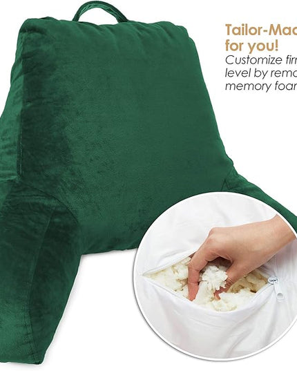 Clara Clark Reading Pillow, Standard Back Pillow for Sitting Up in Bed, Memory Foam Back Support Pillow, Reading Pillows for Sitting in Bed, Dark Green Sit Up Pillow for Bed, Arm Pillow with Pockets - LeafyLoom