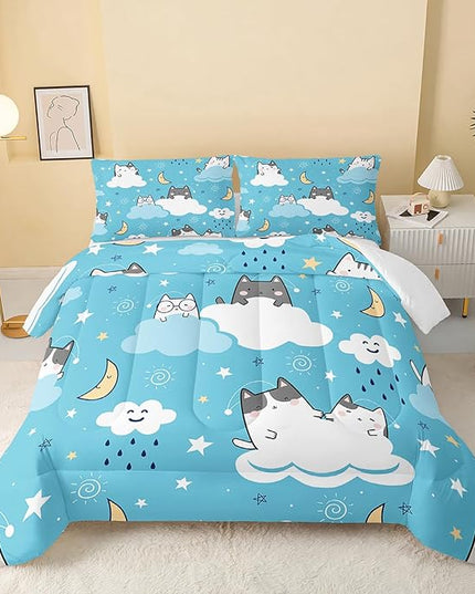 Cat Comforter Twin Size,Blue Cloud Cats Comforter Set for Kids Teens Girls Boys,3Pcs Bedding Set Printed Comforter with 2 Pillowcases,Down Alternative,Soft and Lightweight，Twin Size - LeafyLoom