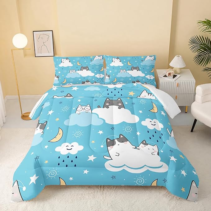 Cat Comforter Queen Size,Blue Cloud Cats Comforter Set for Kids Teens Girls Boys,3Pcs Bedding Set Printed Comforter with 2 Pillowcases,Down Alternative,Soft and Lightweight，Queen Size - LeafyLoom