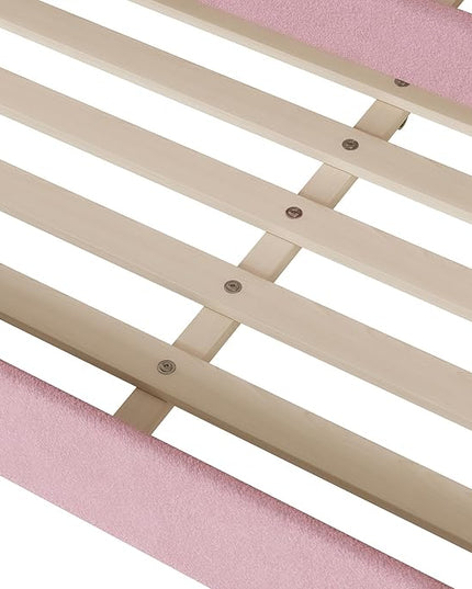 Teddy Fleece Full Size Upholstered Daybed with LED Light and Trundle,Modern Wood Platform Bed W/Side Stripes,Easy Assembly,for Bedroom,Living Room,Guestroom,Pink - LeafyLoom